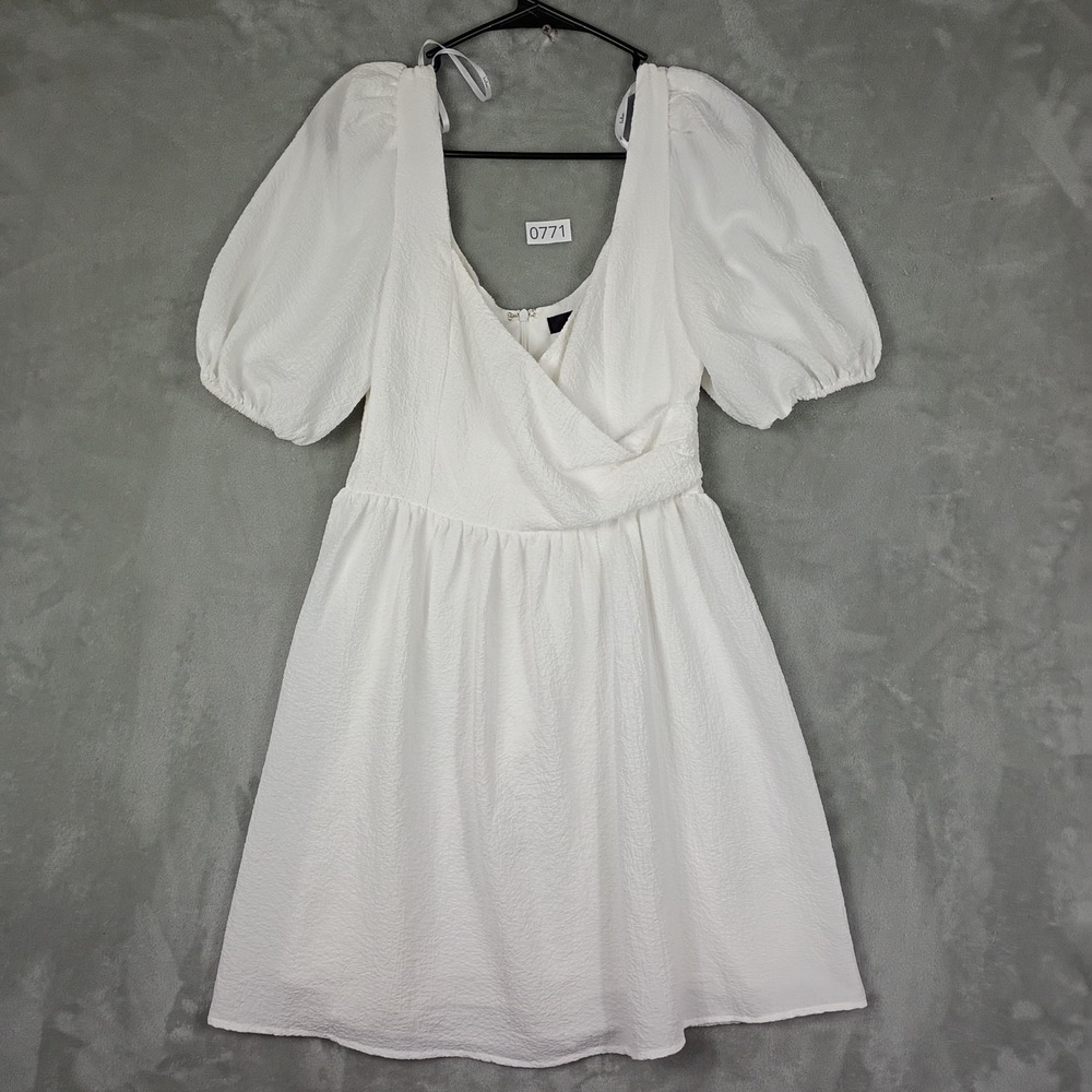 Lulus Mini Dress Womens Small White Puff Sleeve Textured Surplice Cottage Fairy